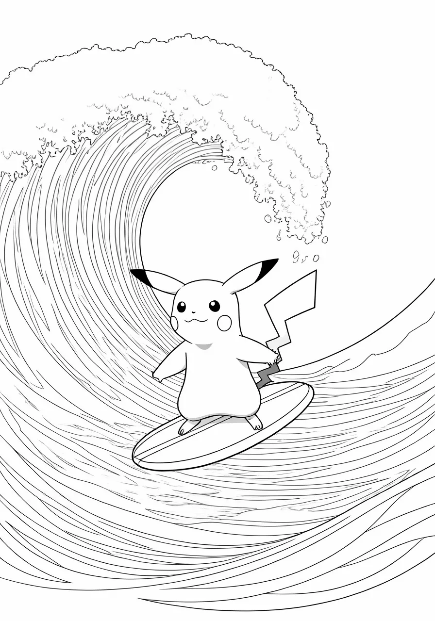 Pikachu surfing a large wave, pikachu coloring pages - 2720