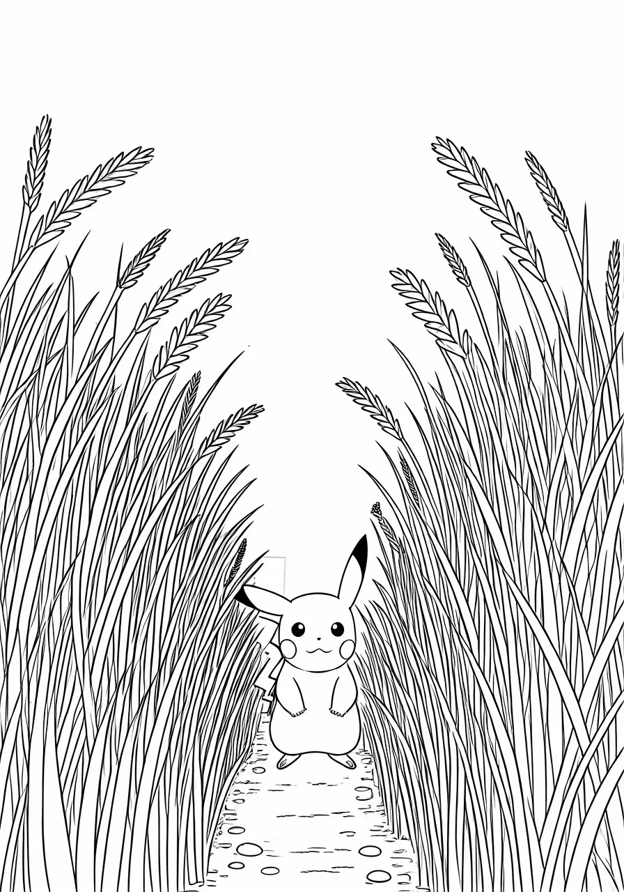 Pikachu standing on a path between tall grass, pikachu coloring pages - 2723