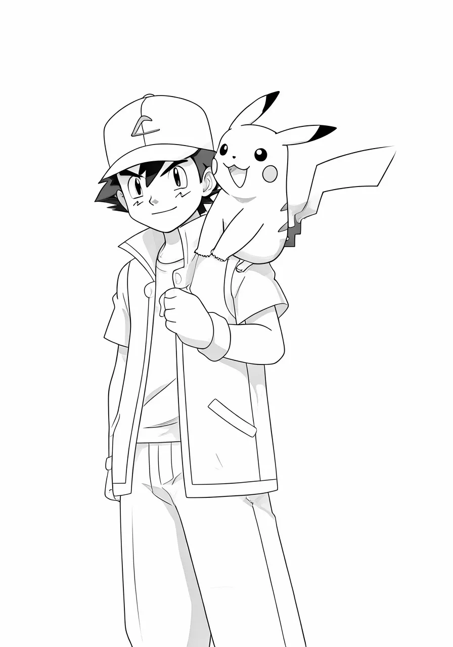 Ash Ketchum with his partner Pikachu on his shoulder, pikachu coloring pages - 2727