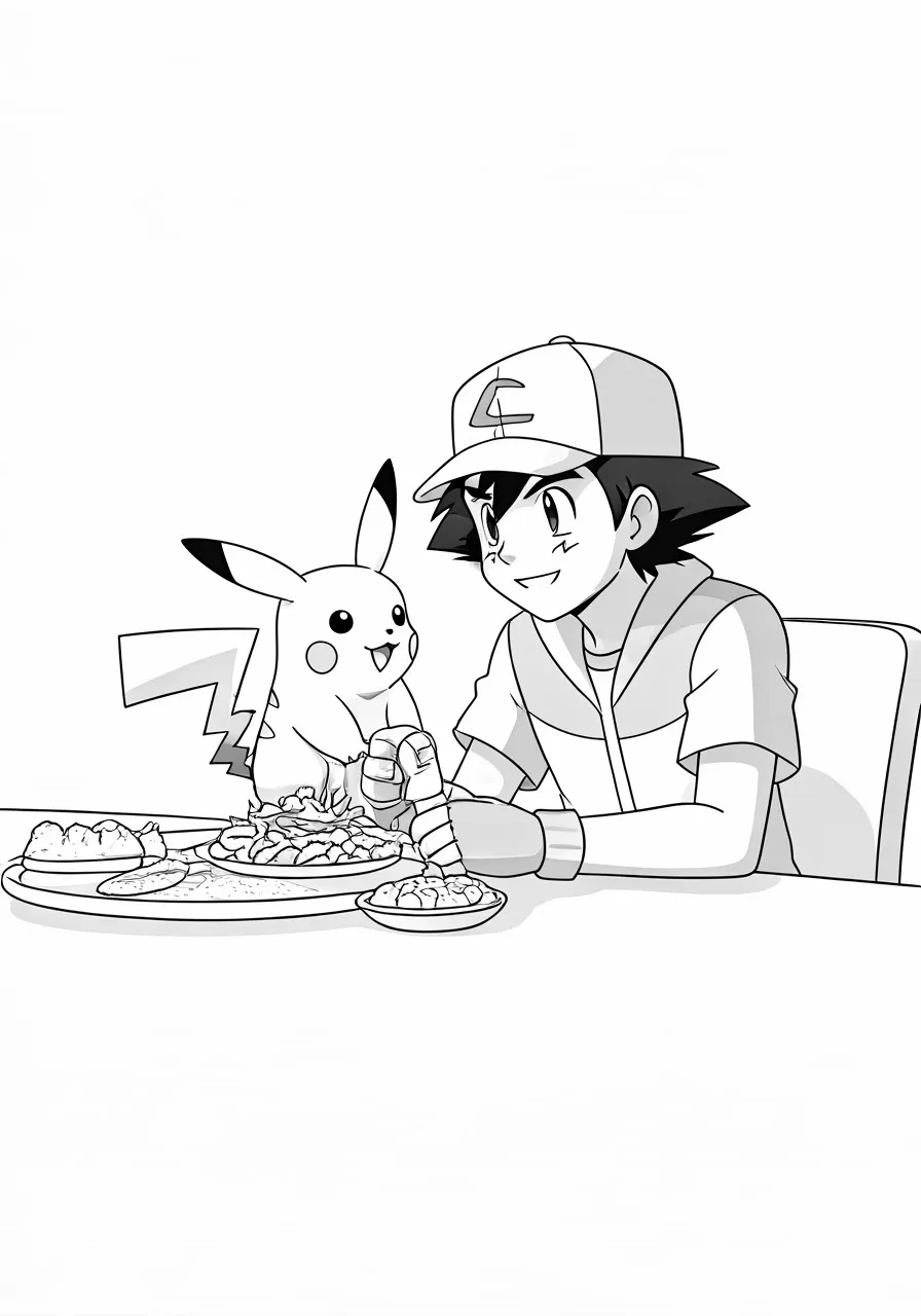 Ash and Pikachu eating food, pikachu coloring pages - 2728