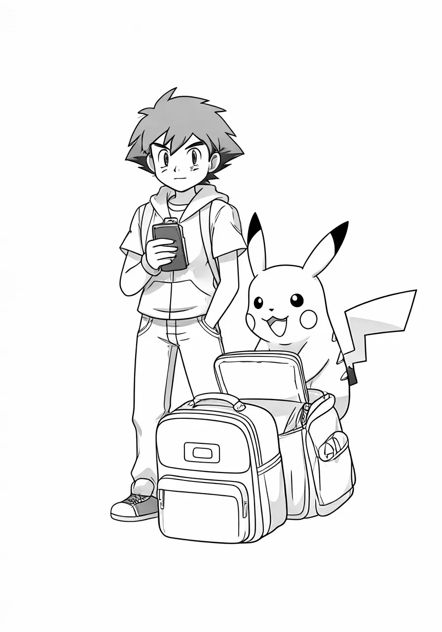 Ash and Pikachu with open backpack, pikachu coloring pages - 2731