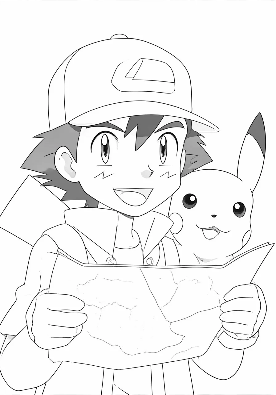 Ash and Pikachu look at a map, pikachu coloring pages - 2736