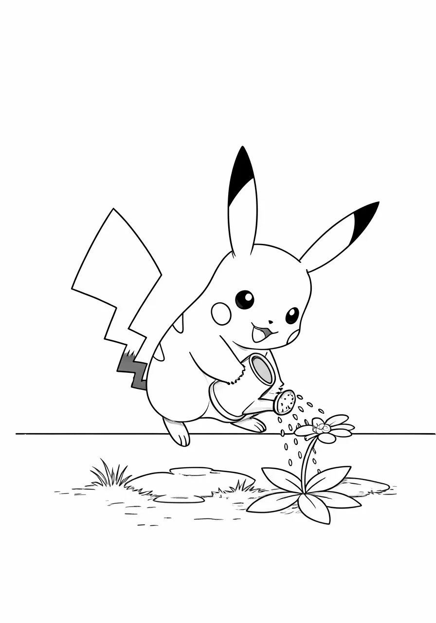 Pikachu watering a flower with a watering can, pikachu coloring pages - 2740