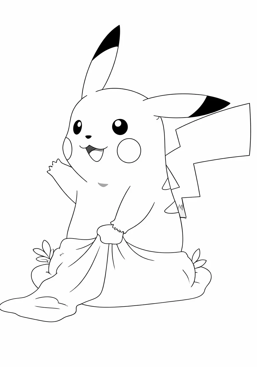 Pikachu sitting and holding a blanket, pikachu coloring pages - 2742