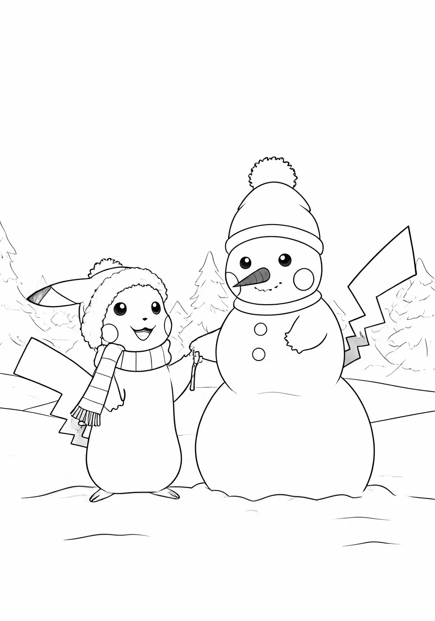 Pikachu with winter clothes making a snowman, pikachu coloring pages - 2745