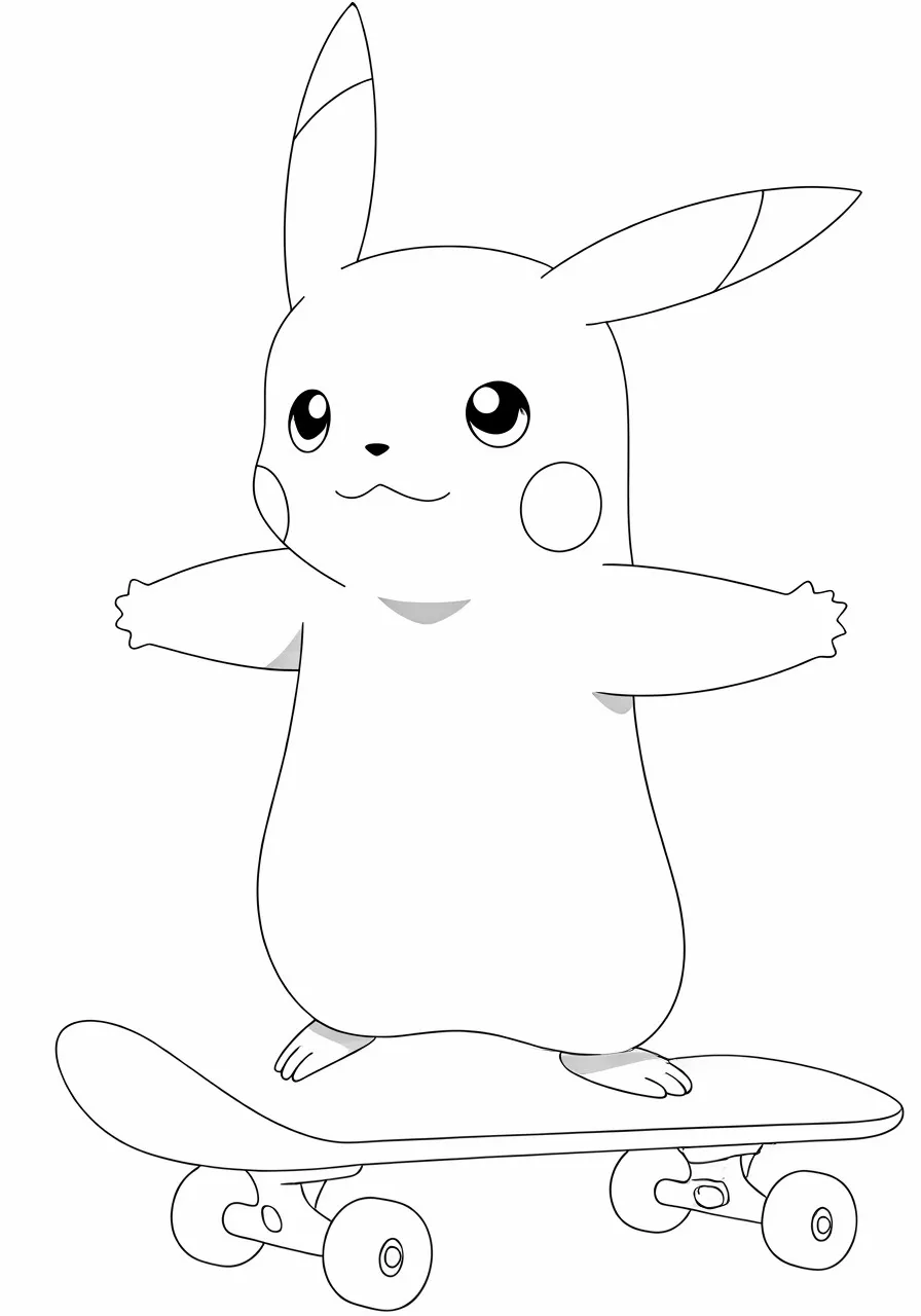 Pikachu balancing on a skateboard with arms outstretched, pikachu coloring pages - 2748